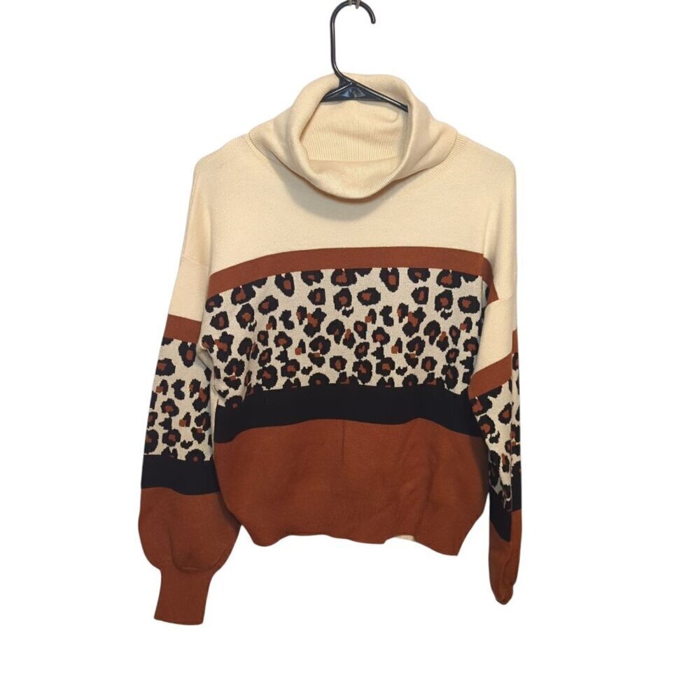 umgee women's size small multi color turtleneck fall sweater Fall Animal Print